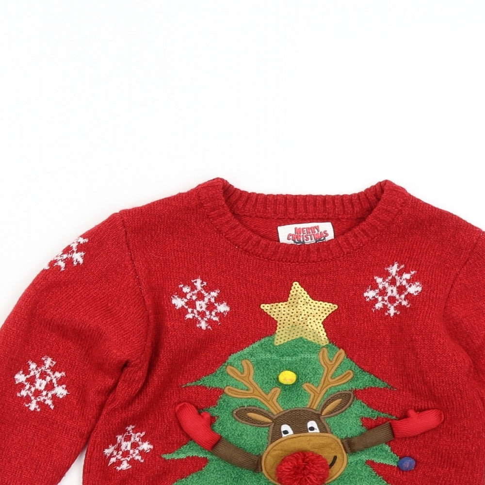 F&F Girls Red  Knit Pullover Jumper Size 5-6 Years  - Christmas