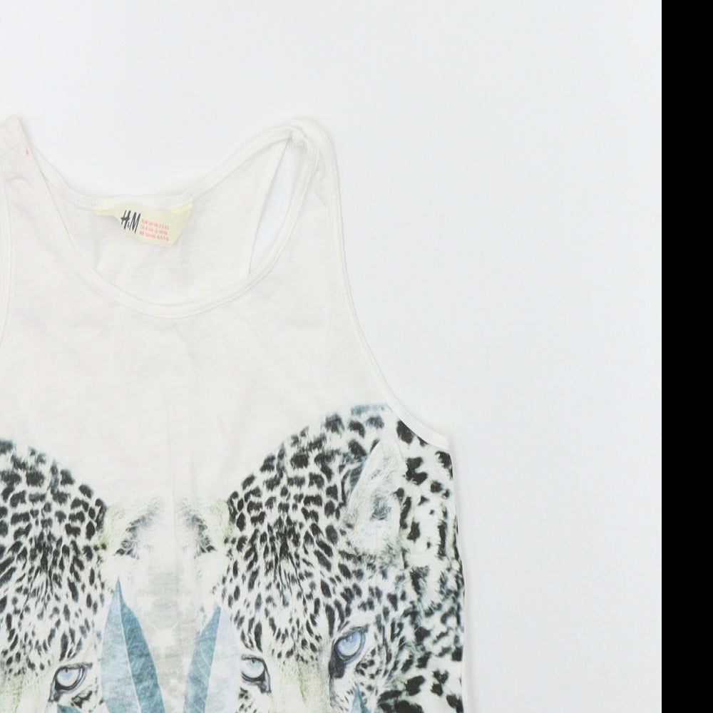 H&M Girls White   Basic T-Shirt Size 9-10 Years  - leopards