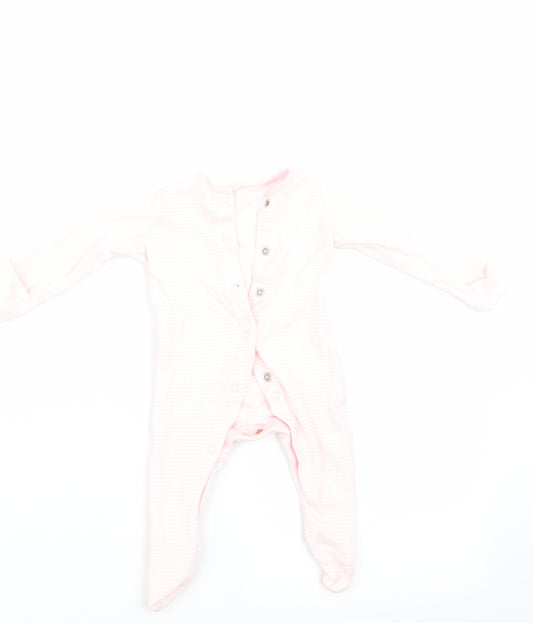 Front view of Florence and Fred girls’ pink striped babygrow one-piece, size 0-3, months