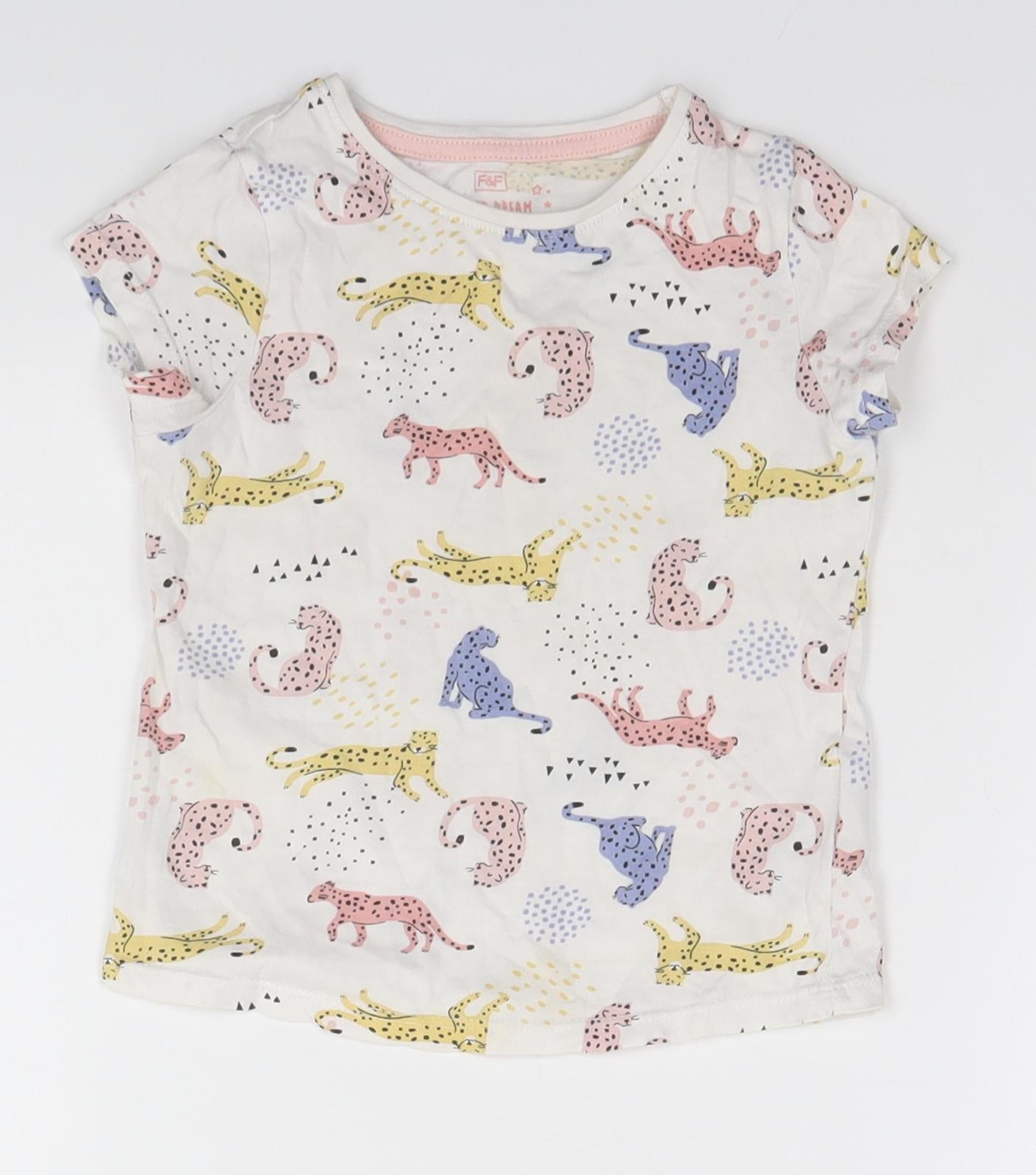 F&F Girls White Animal Print  Basic T-Shirt Size 2-3 Years  - Cats