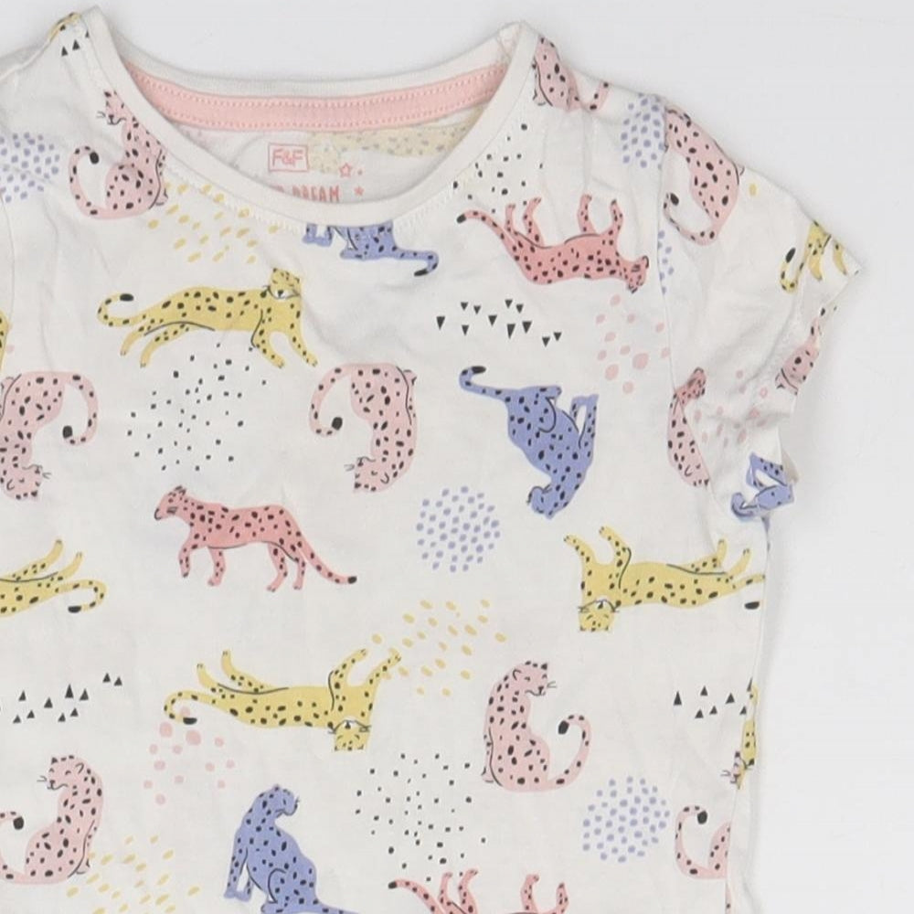 F&F Girls White Animal Print  Basic T-Shirt Size 2-3 Years  - Cats