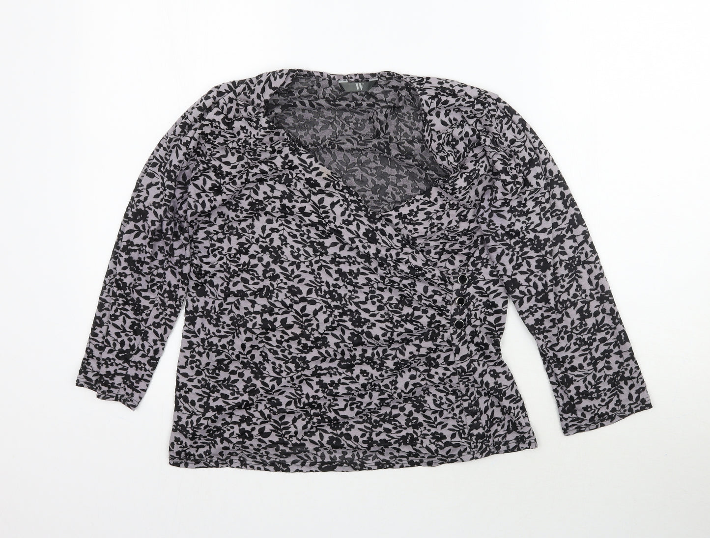 W Womens Grey Floral  Wrap Blouse Size L