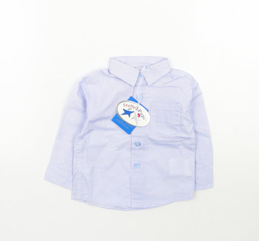Front view of Stelle & Pupi Baby Blue Basic Button-Up, size 6-9, Months