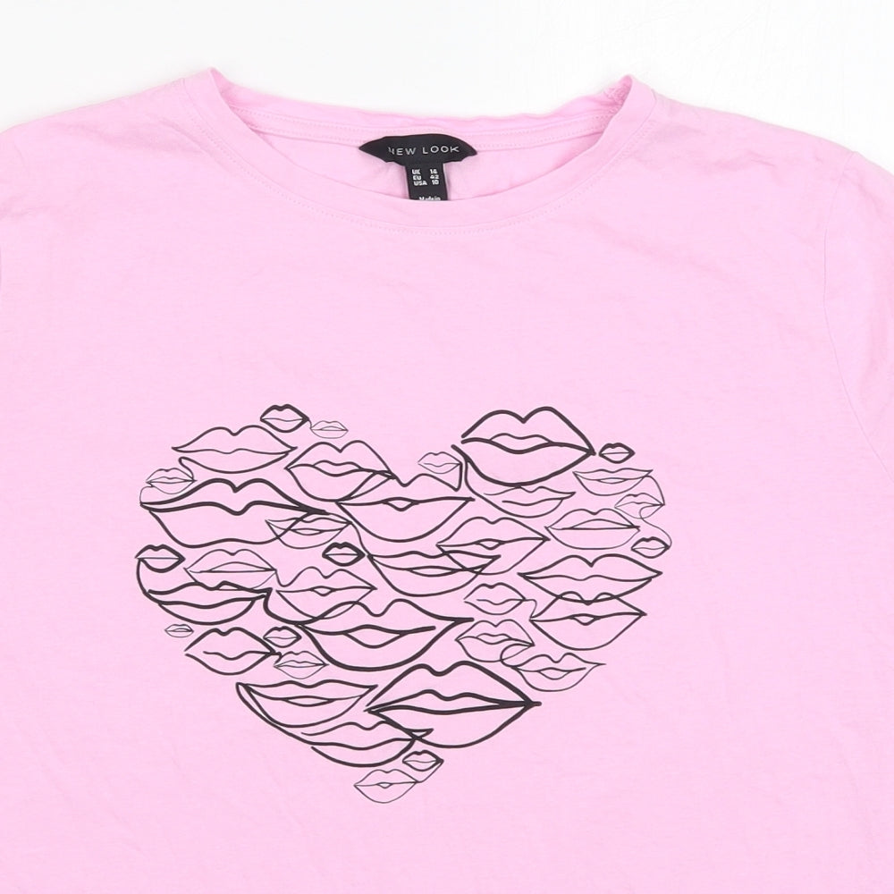 New Look Womens Pink   Basic T-Shirt Size 14  - Love Hearts Lips