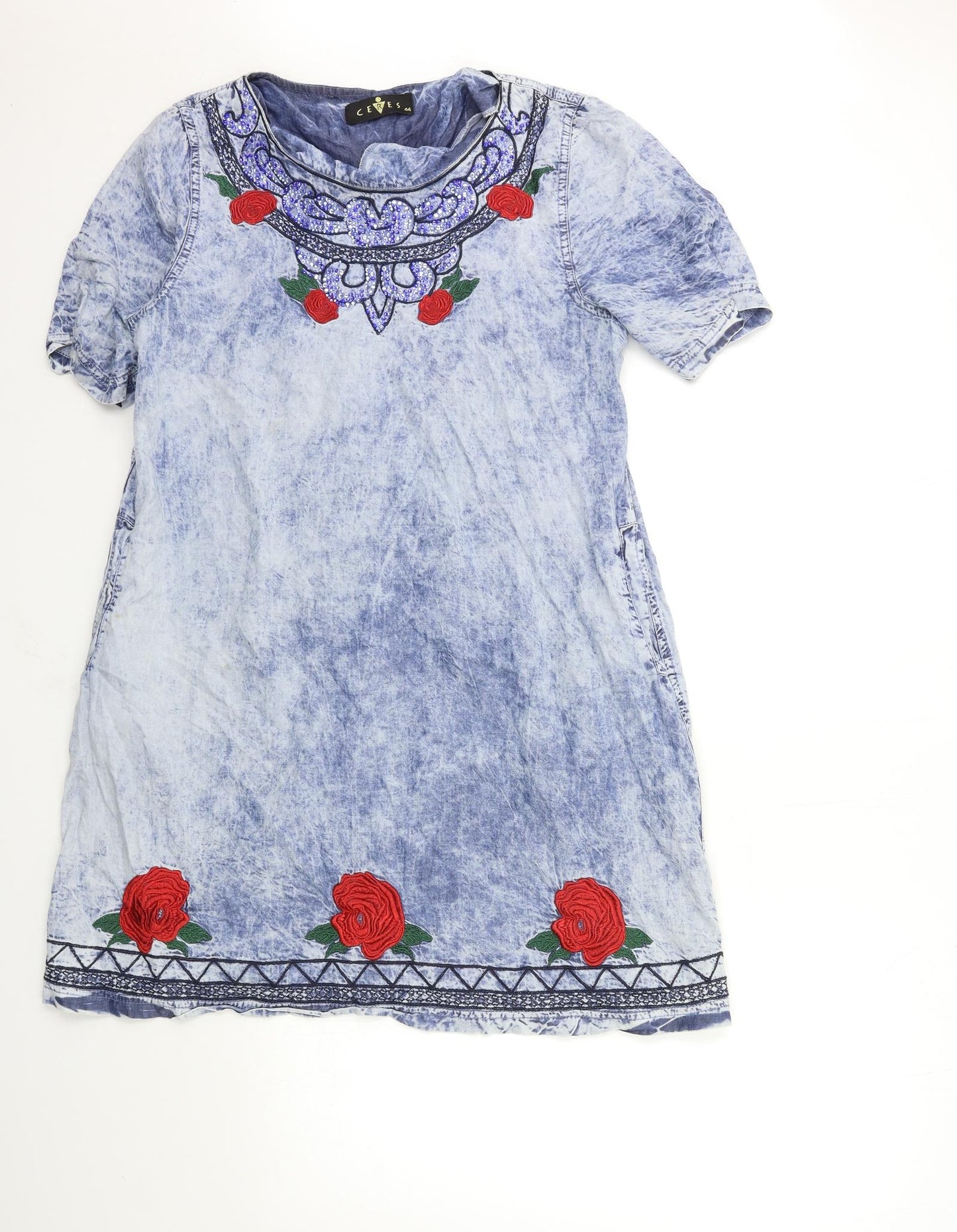 CERES Womens Blue Floral Denim A-Line  Size 16