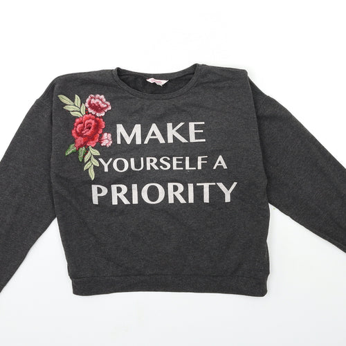 Miss Evie Girls Grey Floral  Pullover Sweatshirt Size 13-14 Years