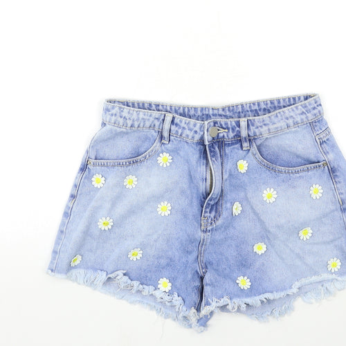 SheIn Womens Blue Floral Denim Cut-Off Shorts Size M