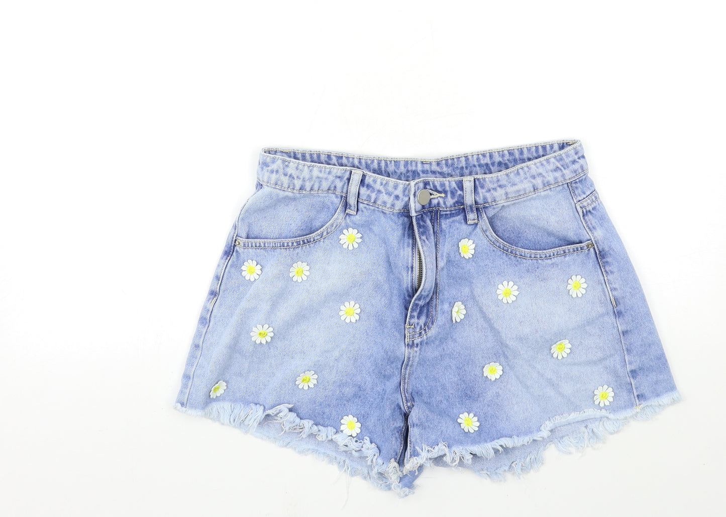SheIn Womens Blue Floral Denim Cut-Off Shorts Size M