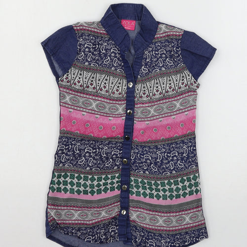 Zola Girls Blue Geometric  Basic Button-Up Size S