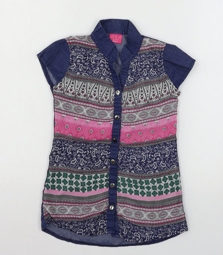 Zola Girls Blue Geometric  Basic Button-Up Size S
