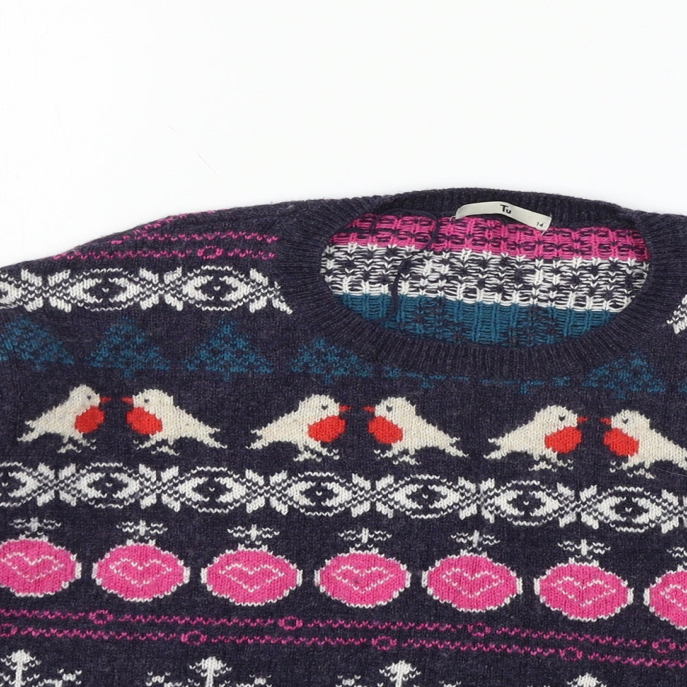 TU Womens Blue Geometric Knit Pullover Jumper Size 14  - Christmas icons