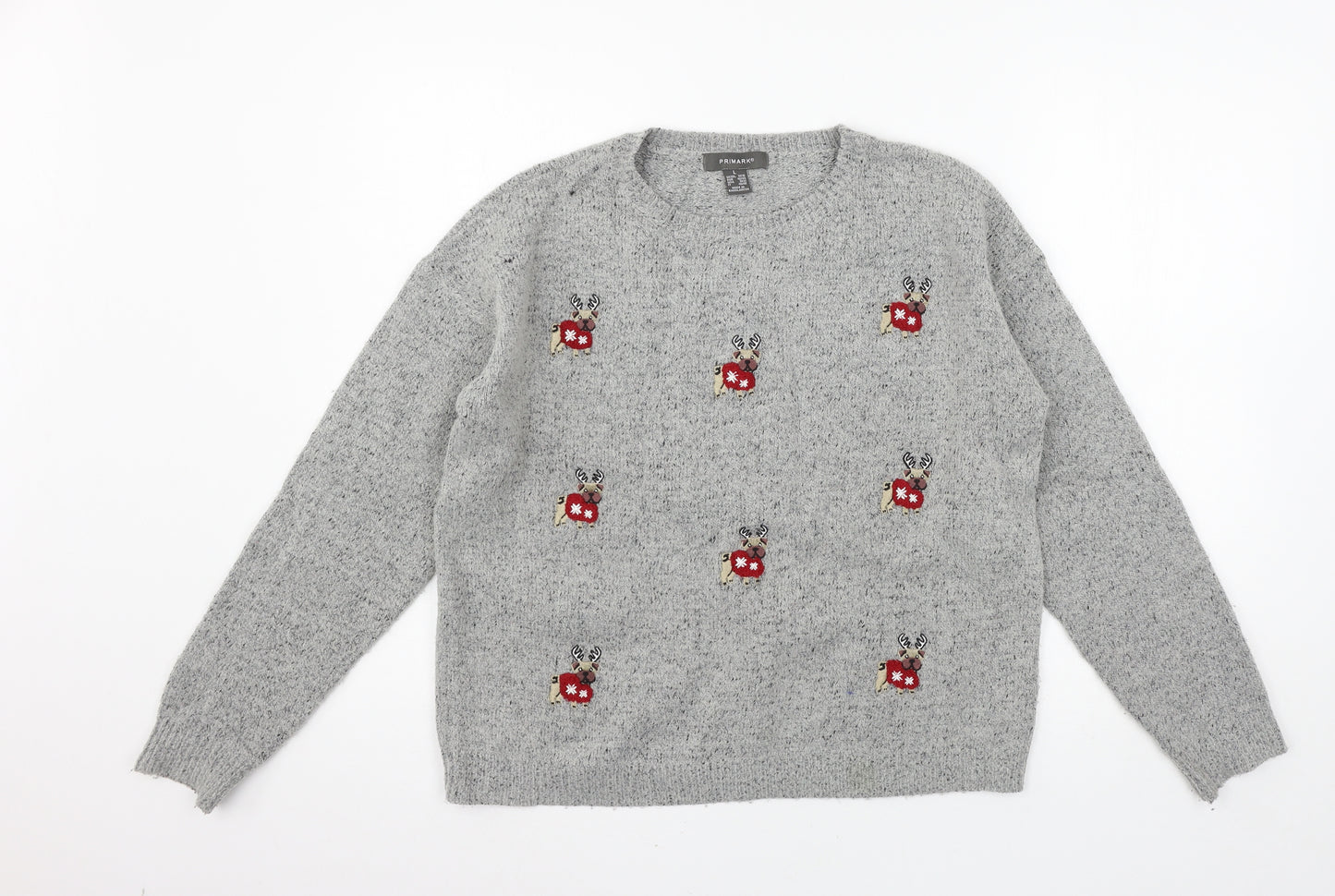 Primark Womens Grey  Knit Pullover Jumper Size 12  - Christmas Pug