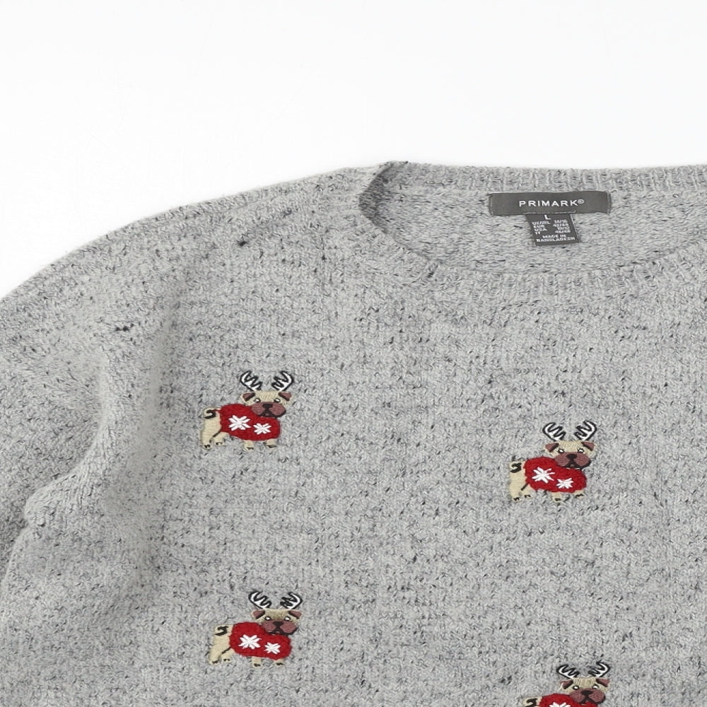 Primark Womens Grey  Knit Pullover Jumper Size 12  - Christmas Pug