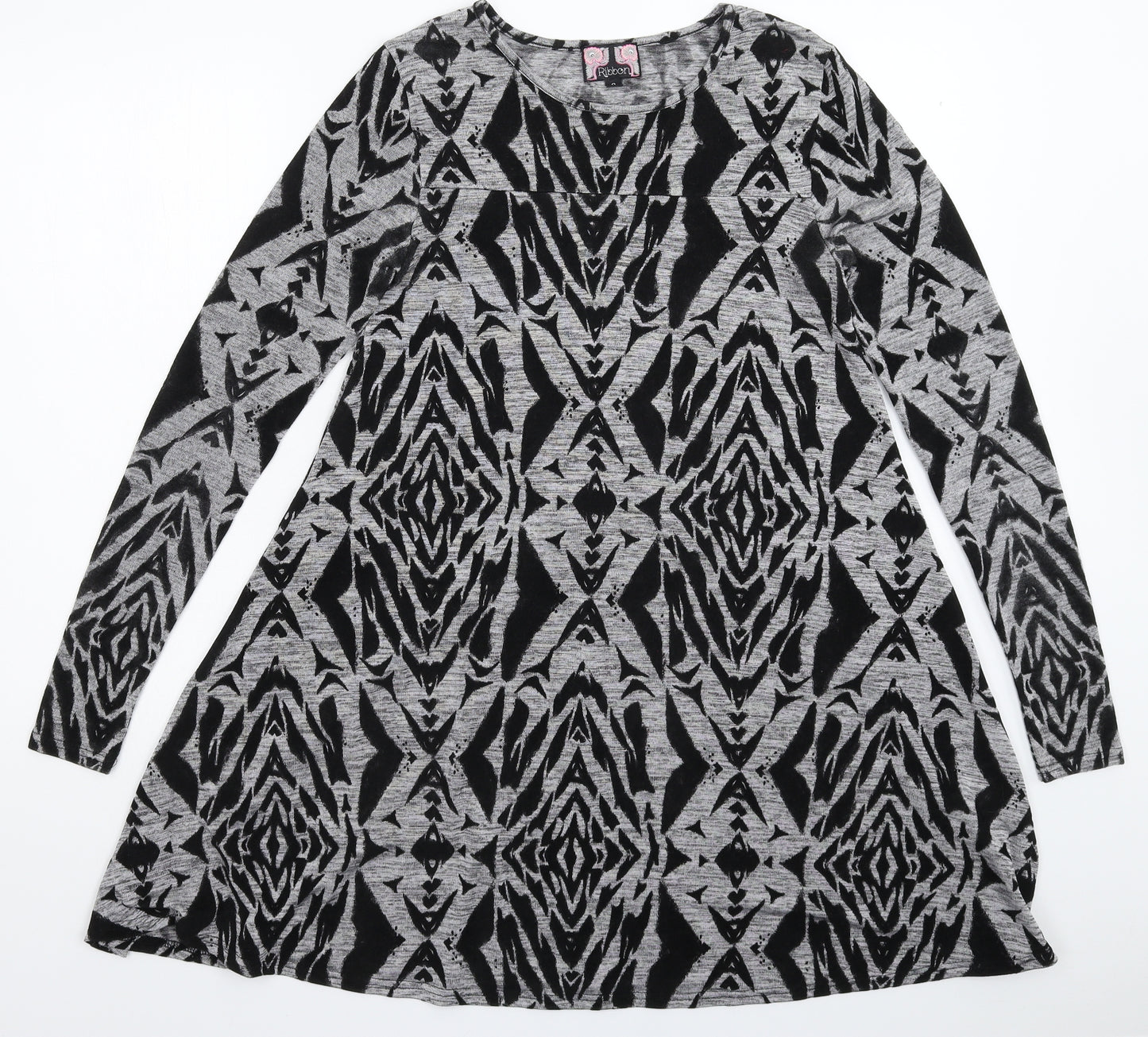 Ribbon Womens Grey Geometric Knit Jumper Dress  Size 8