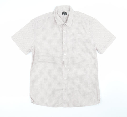 Front view of Easy men’s brown geometric button-up, size L