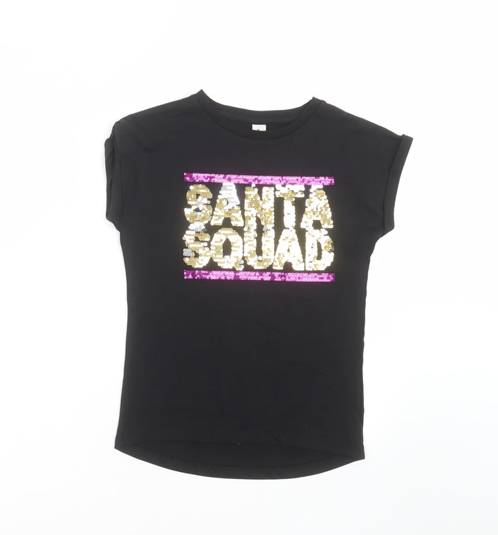 TU Girls Black   Basic T-Shirt Size 9 Years  - Santa Squad