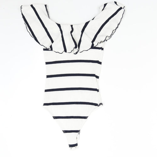Bershka Womens White Striped  Bodysuit One-Piece Size S
