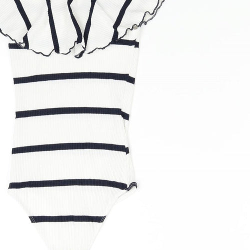 Bershka Womens White Striped  Bodysuit One-Piece Size S