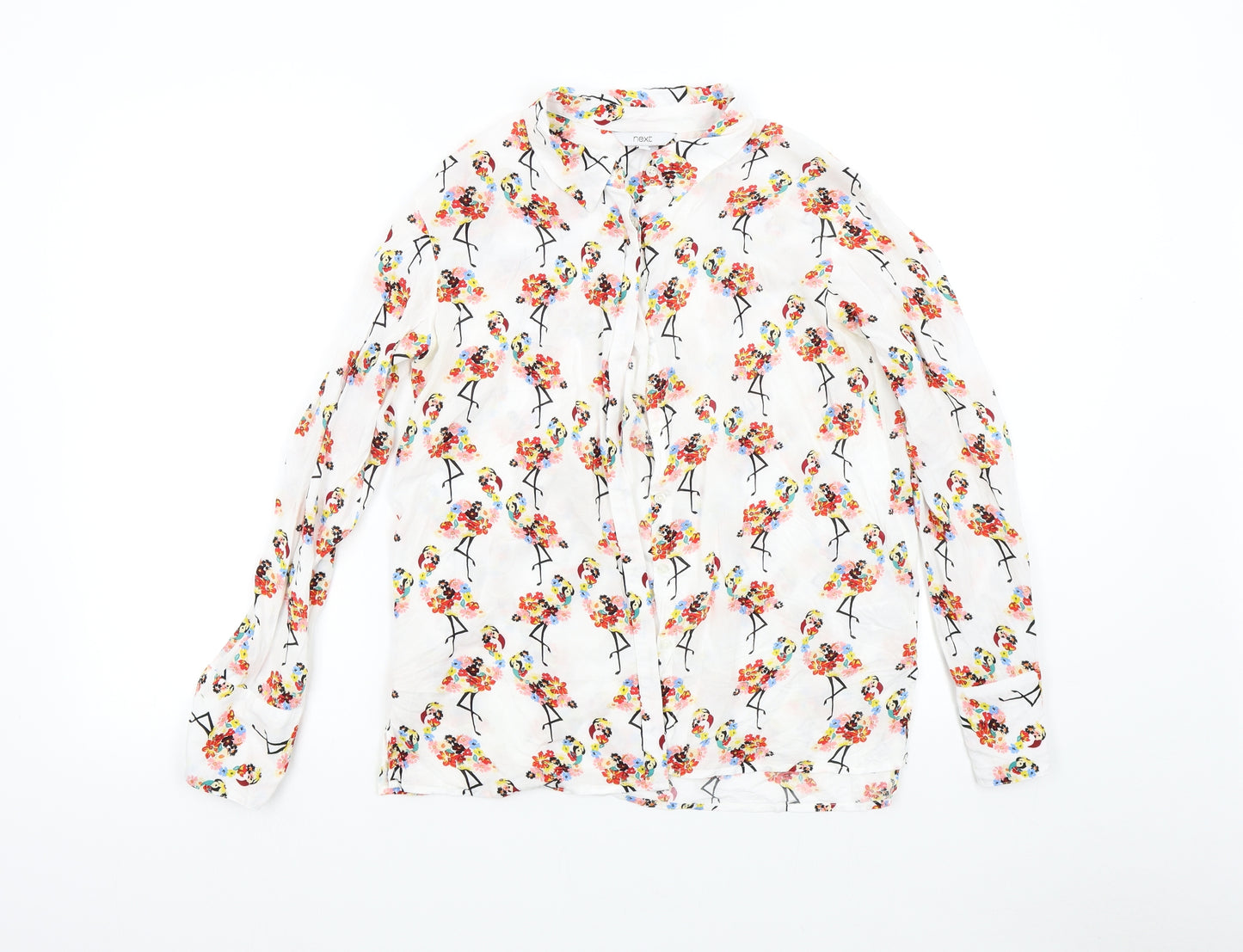 NEXT Womens White Floral  Basic Button-Up Size 12  - Flamingo
