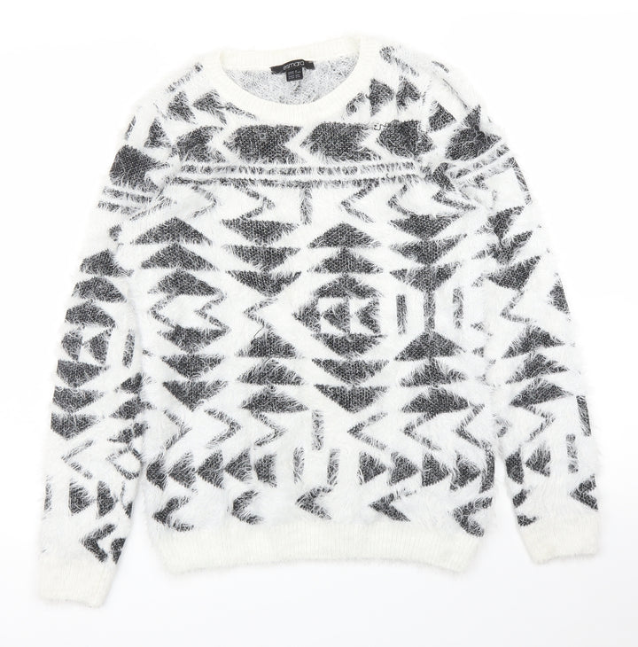 ESMARA Womens White Geometric  Pullover Jumper Size XS