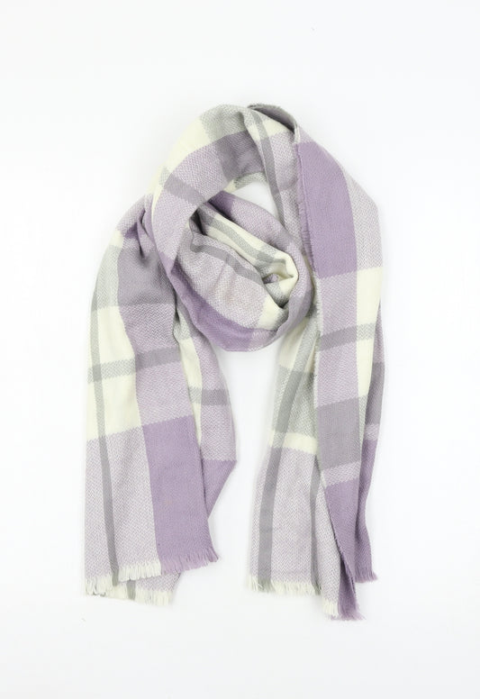 Front view of Preworn women’s purple plaid knit scarf