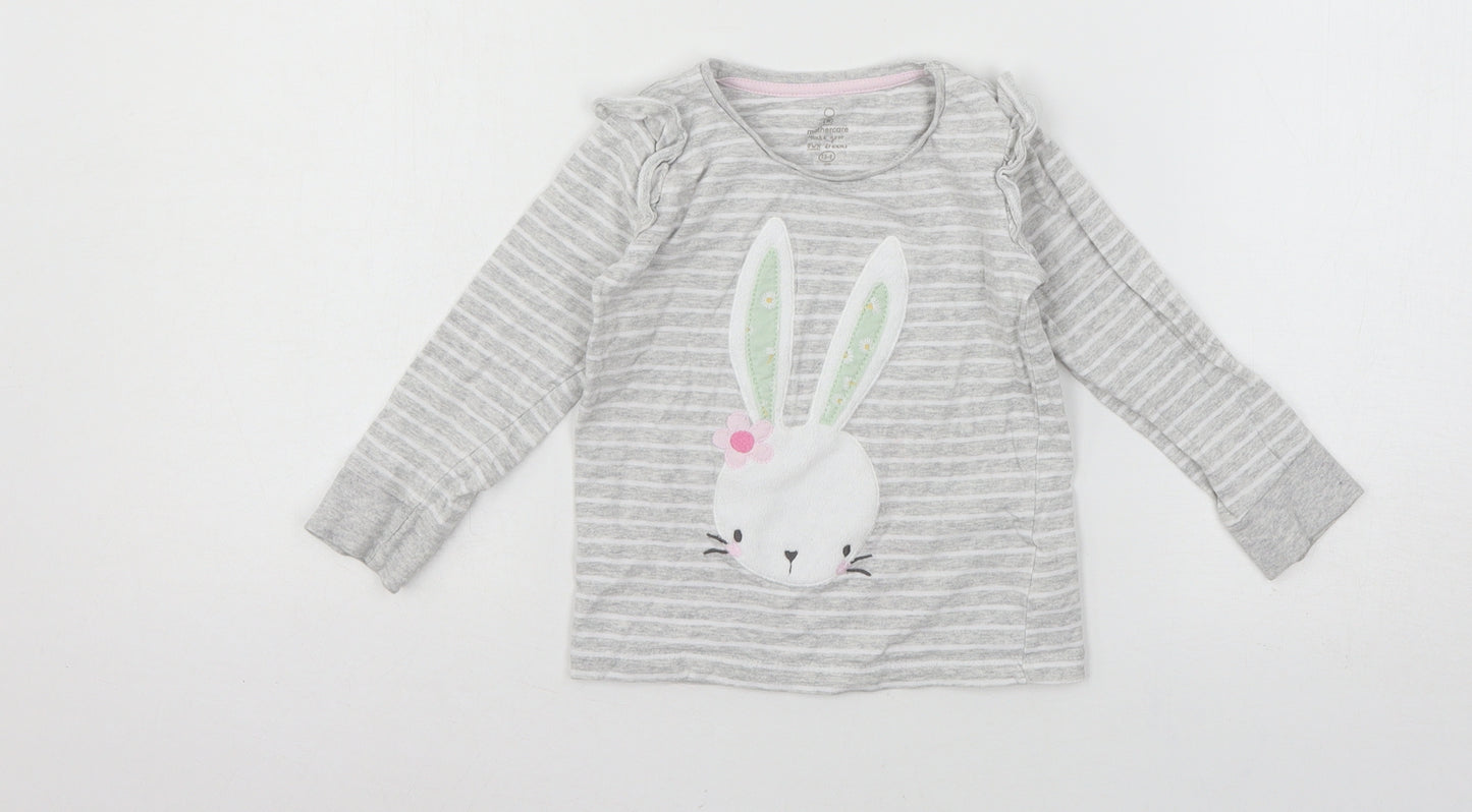Mothercare Girls Grey Striped Jersey Basic T-Shirt Size 2 Years  - Rabbit