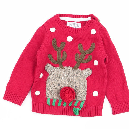 F&F Girls Red   Pullover Jumper Size 6-9 Months  - christmas