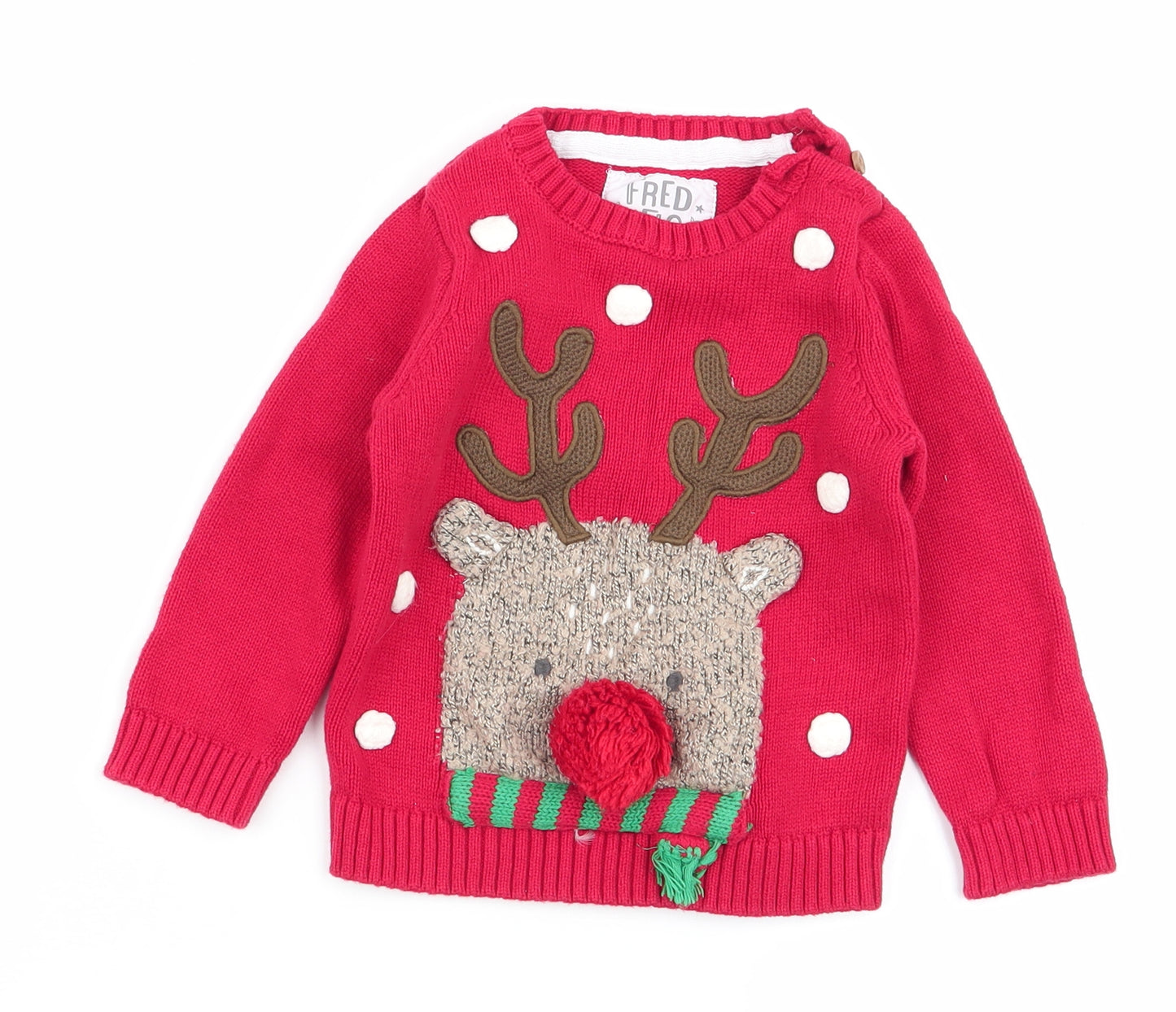F&F Girls Red   Pullover Jumper Size 6-9 Months  - christmas