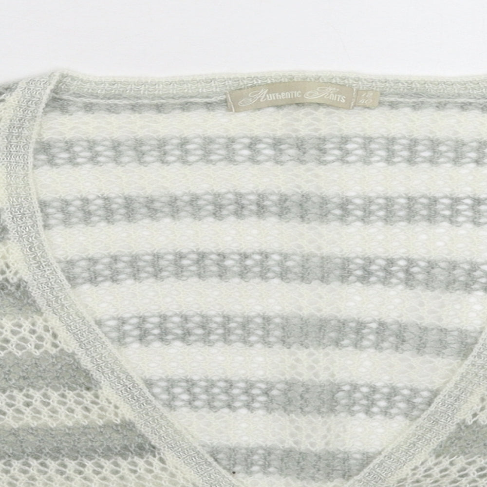Authentic Knits Womens Grey Striped Knit Cardigan Jumper Size 12