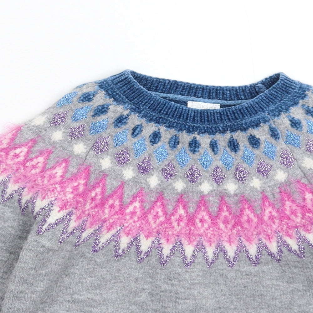 F&F Girls Grey Geometric Knit Pullover Jumper Size 8-9 Years