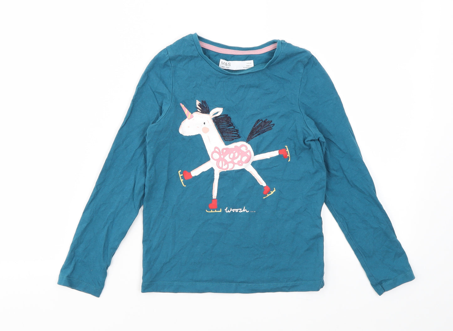 M&S Girls Blue Animal Print  Basic T-Shirt Size 5-6 Years