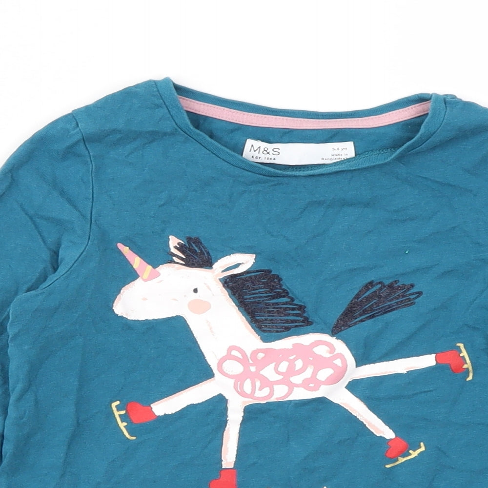 M&S Girls Blue Animal Print  Basic T-Shirt Size 5-6 Years