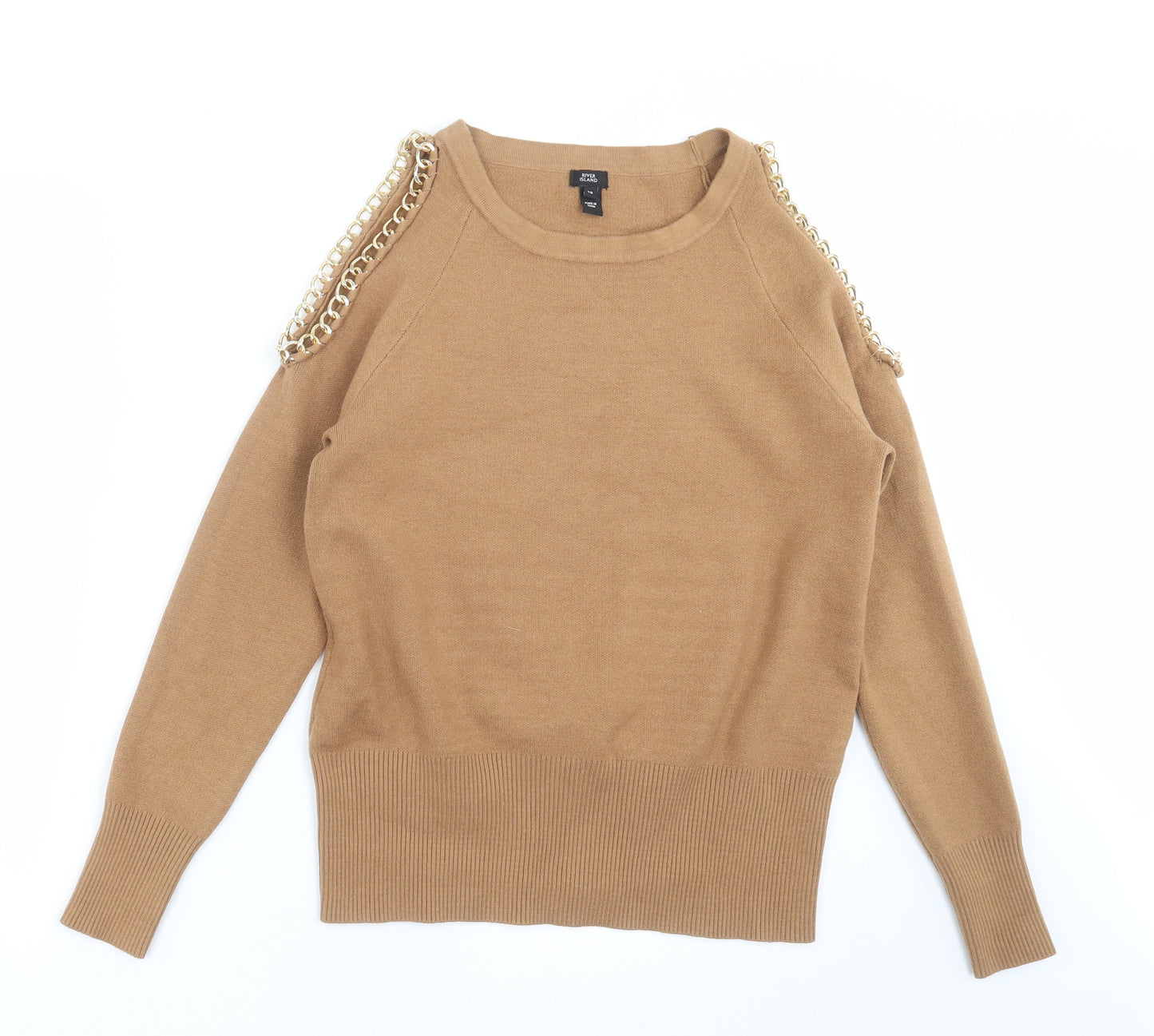 River Island Womens Brown  Knit Pullover Jumper Size 10  - chain detail, cold shoulder