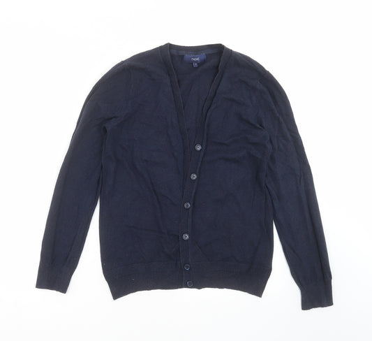 Front view of Next women’s blue knit cardigan jumper, size UK 12