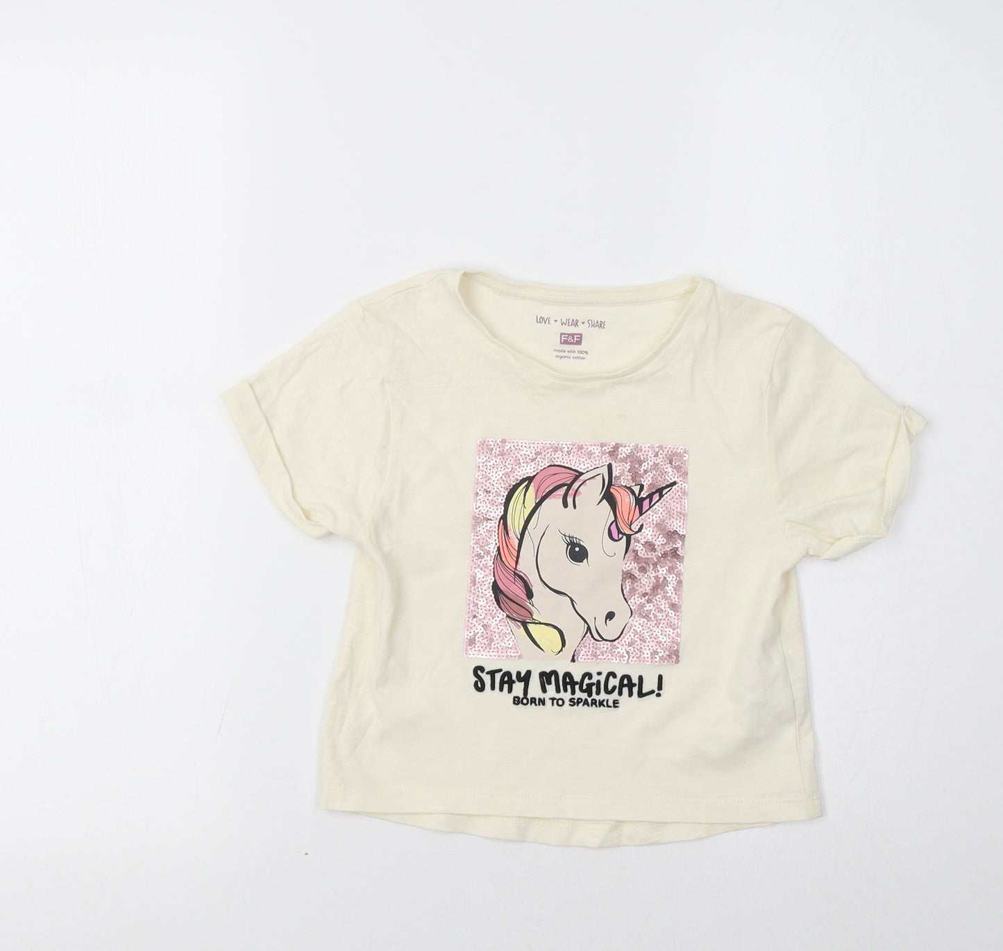 F&F Girls Ivory   Basic T-Shirt Size 6-7 Years  - Unicorn