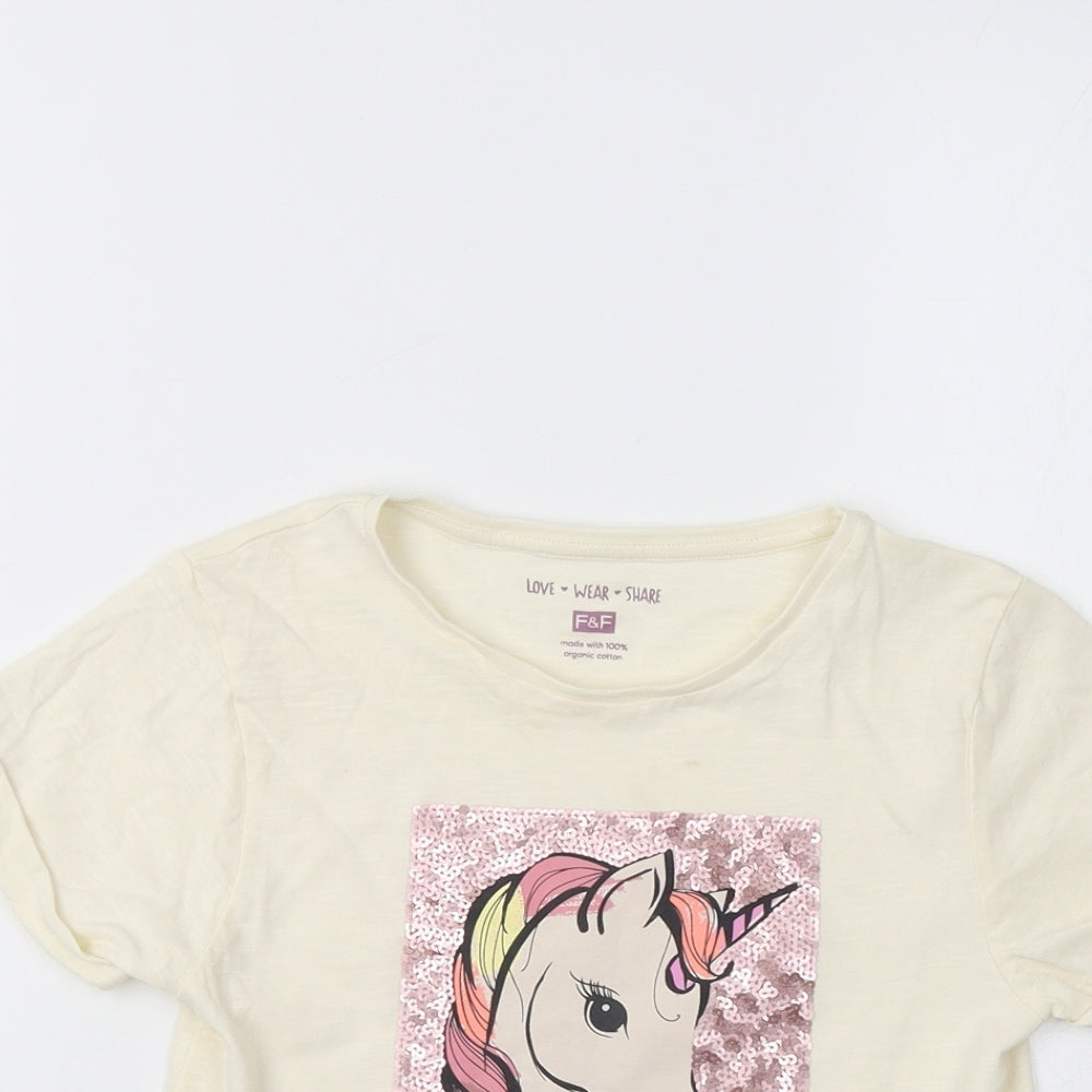 F&F Girls Ivory   Basic T-Shirt Size 6-7 Years  - Unicorn