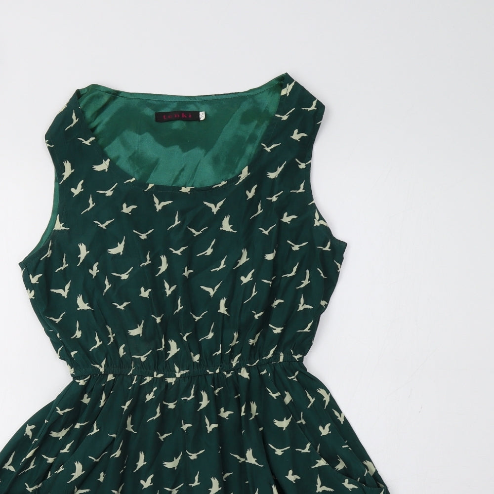 Tenki Womens Green Batik  Fit & Flare  Size S  - Bird Print