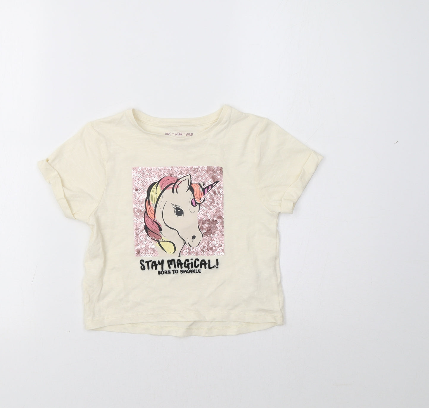 F&F Girls Ivory   Basic T-Shirt Size 5-6 Years  - Unicorn