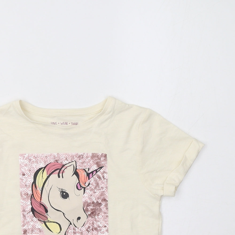 F&F Girls Ivory   Basic T-Shirt Size 5-6 Years  - Unicorn