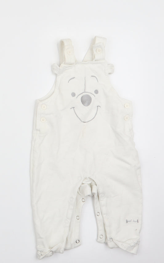 Front view of Disney by TU boys’ white animal print dungaree one-piece, size 6-9, months - polar bear face