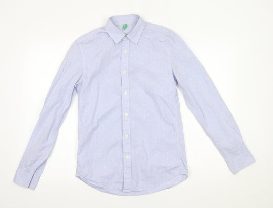 Front view of United Colors of Benetton men’s blue polka dot button-up one size