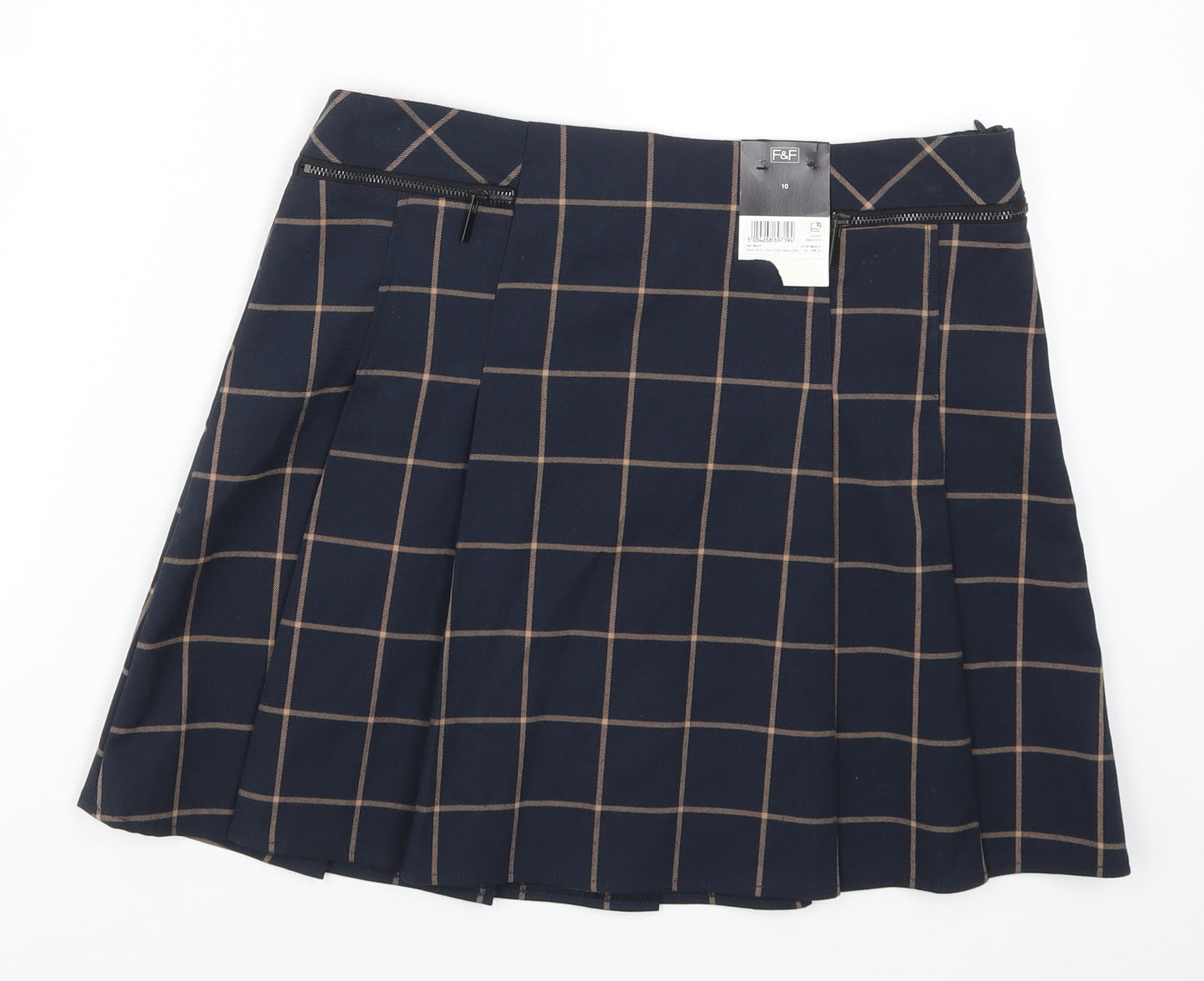 F&F Womens Blue Check  Pleated Skirt Size 10