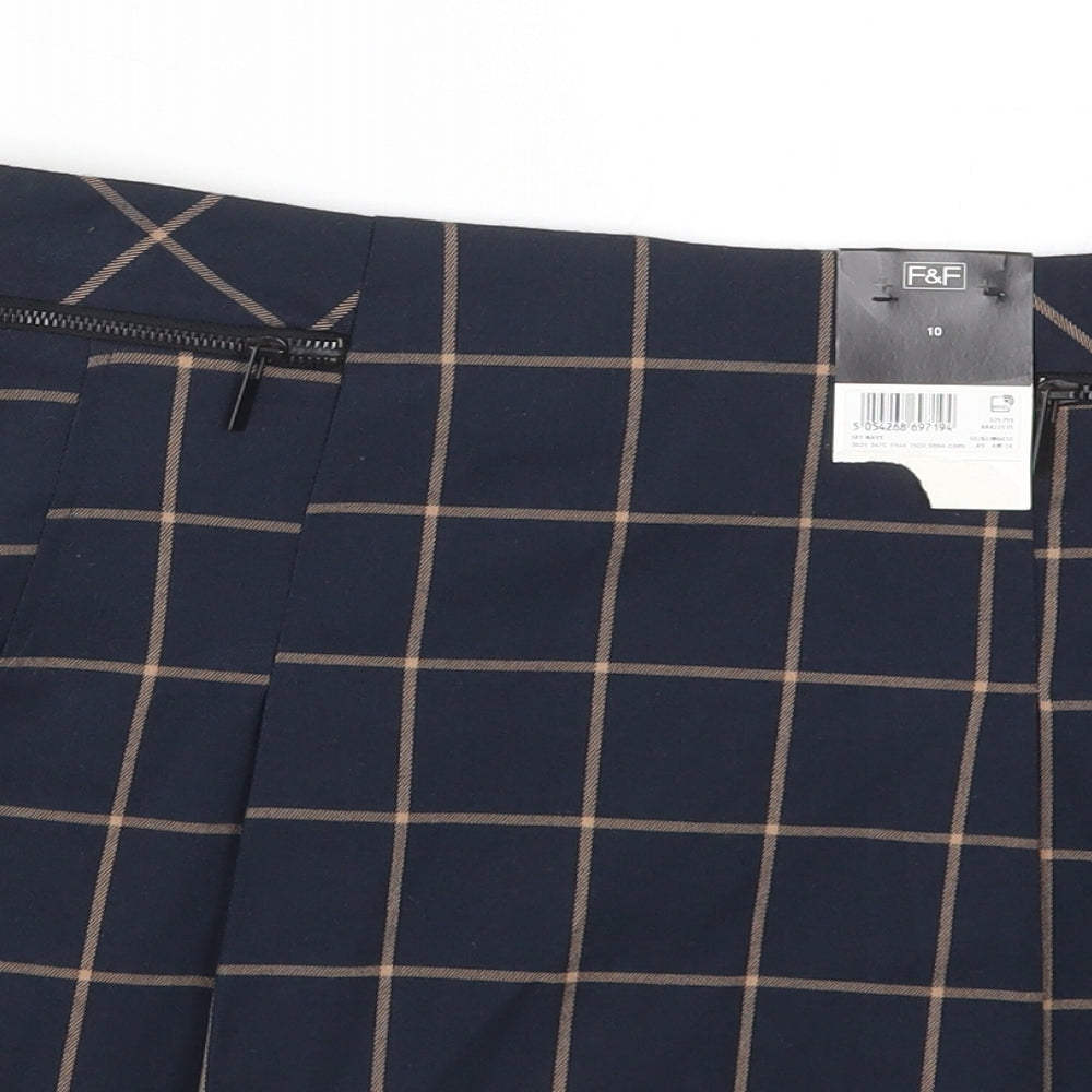 F&F Womens Blue Check  Pleated Skirt Size 10