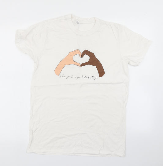 Front view of Gildan women’s white basic t-shirt, size M
