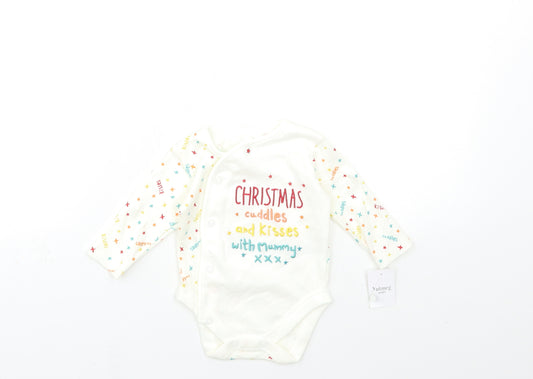 Front view of Nutmeg Baby White Geometric Babygrow One-Piece, size 0-3, Months
