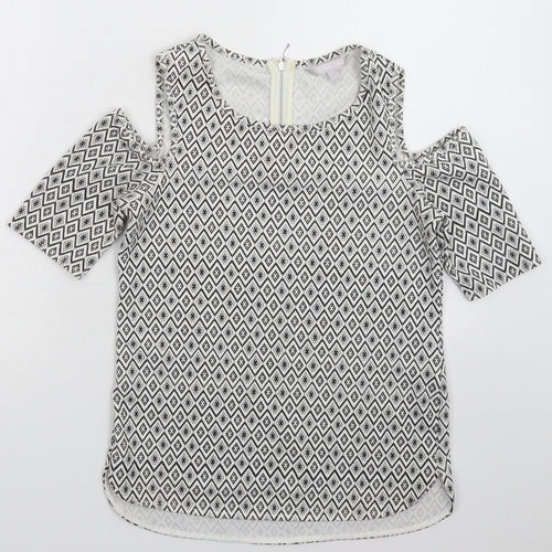 Red Herring Womens White Geometric  Basic T-Shirt Size 8