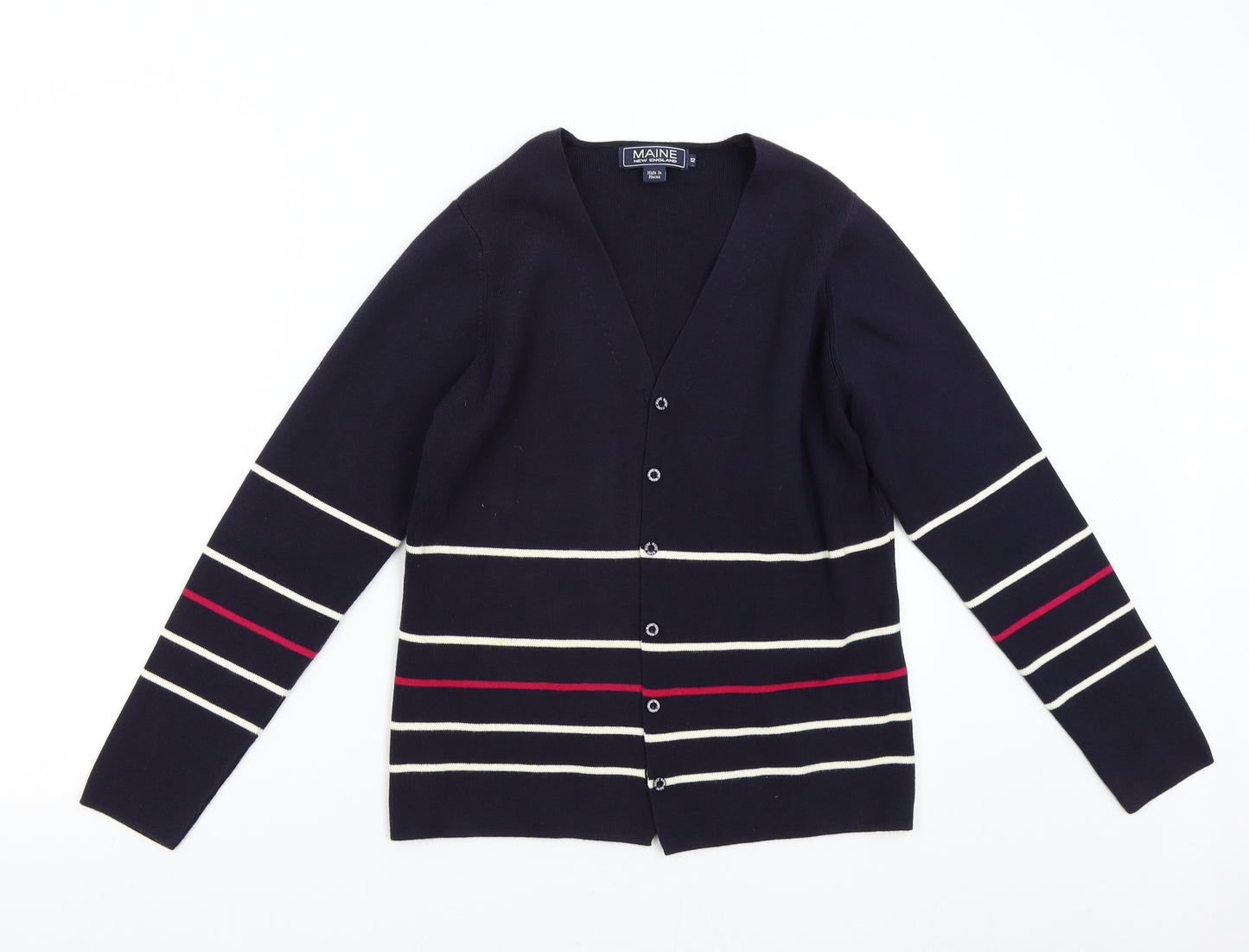 Maine Womens Blue Striped Knit Cardigan Jumper Size 12