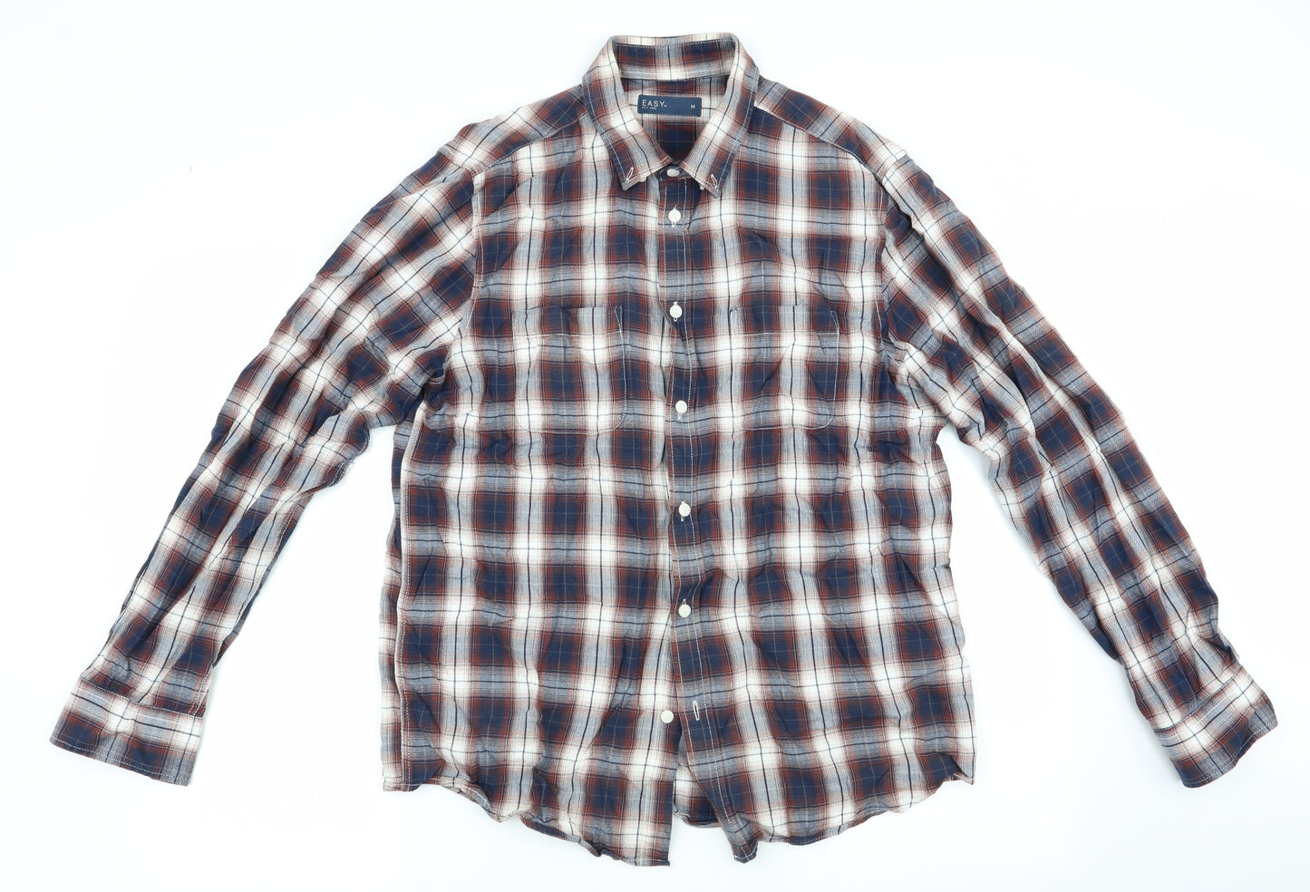 Easy Mens Brown Check   Button-Up Size M  - Button Collar Blue Brown Check