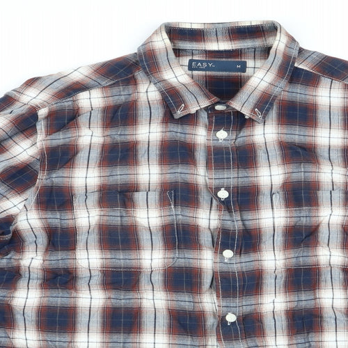 Easy Mens Brown Check   Button-Up Size M  - Button Collar Blue Brown Check