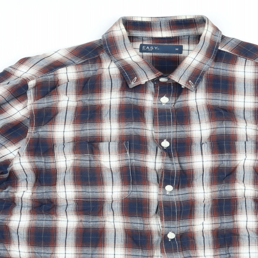 Easy Mens Brown Check   Button-Up Size M  - Button Collar Blue Brown Check